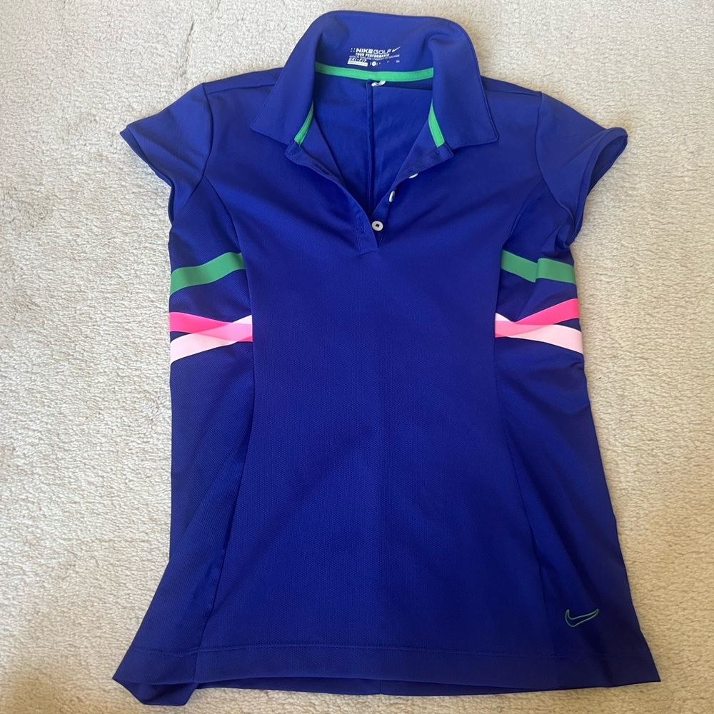 Nike Blue Polo with Green and Pink Stripes
